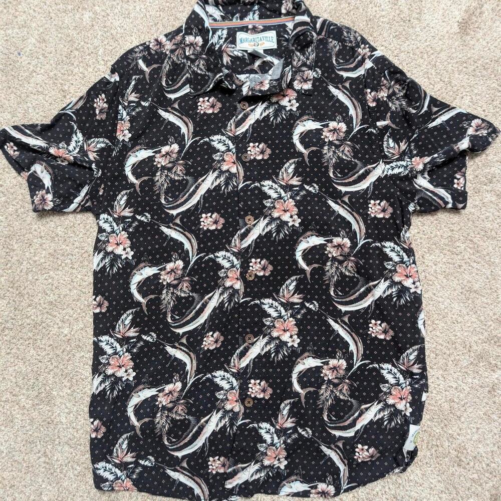 Margaritaville Men’s Black Rayon Hawaiian Fish Floral Shirt Size L
